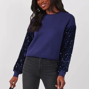 Navy Sequin Sleeve Sweater